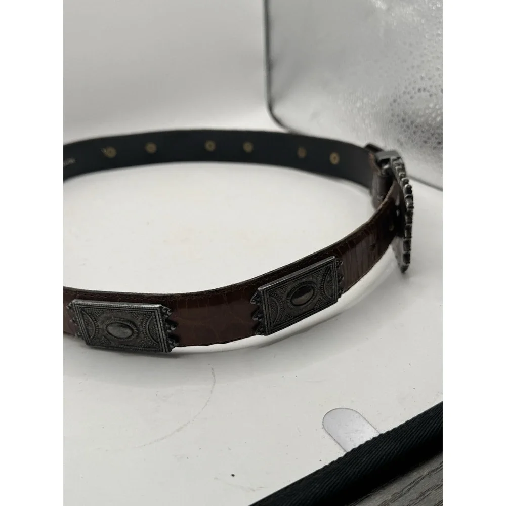 Vintage 80's Avignon Belt Sz M Brown Leather Silver Tone Buckle Fast Shipping